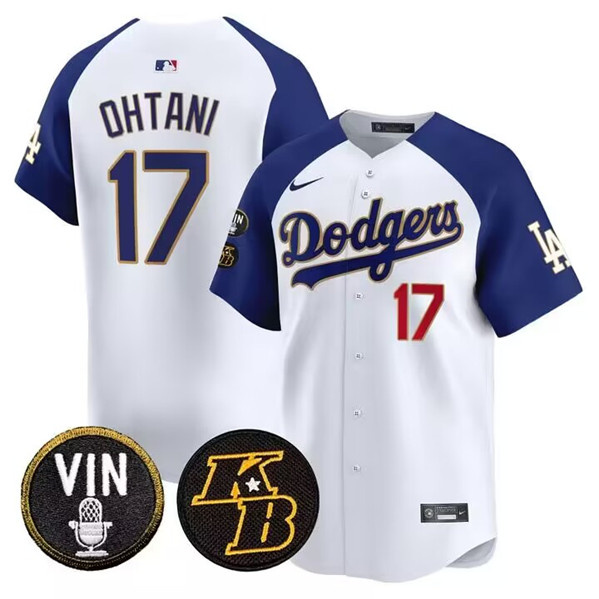 Men's Los Angeles Dodgers #17 Shohei Ohtani Stitched White Vin & Kobe Patch Cool Base Baseball Jersey Men's Los Angeles Dodgers #17 Shohei Ohtani Stitched White Vin & Kobe Patch Cool Base Baseball Jersey